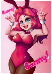 Size: 706x1000 | Tagged: safe, artist:the-park, pinkie pie, human, equestria girls, g4, armpits, bare shoulders, bowtie, breasts, bunny ears, bunny suit, busty pinkie pie, cleavage, clothes, cuffs (clothes), cutie mark on clothes, devil horn (gesture), female, gradient background, legs together, leotard, looking at you, open mouth, open smile, pantyhose, pink leotard, sleeveless, smiling, solo, strapless