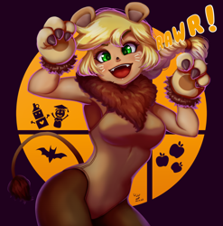 Size: 986x1000 | Tagged: safe, artist:the-park, applejack, human, equestria girls, g4, animal costume, applelion, breasts, busty applejack, clothes, costume, cute, cute little fangs, fangs, female, halloween, halloween costume, jackabetes, leotard, looking at you, makeup, open mouth, open smile, paw gloves, rawr, reasonably sized breasts, smiling, solo