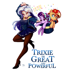 Size: 916x1000 | Tagged: safe, artist:the-park, starlight glimmer, sunset shimmer, trixie, human, pony, unicorn, g4, female, hat, horn, humanized, magician outfit, simple background, trio, wand, white background