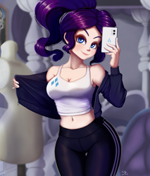 Size: 852x1000 | Tagged: safe, artist:the-park, rarity, human, equestria girls, g4, bare shoulders, belly button, breasts, busty rarity, clothes, female, human coloration, open clothes, ponytail, reasonably sized breasts, selfie, solo, tank top, tracksuit