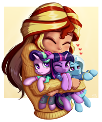 Size: 834x1000 | Tagged: safe, artist:the-park, starlight glimmer, sunset shimmer, trixie, twilight sparkle, human, pony, unicorn, g4, blush lines, blushing, clothes, equestria girls outfit, eyes closed, female, floating heart, heart, holding a pony, horn, hugging a pony, humanized, one eye closed, smiling, squeezing, sweater, tiny, tiny ponies, trixie is not amused, unamused, wink