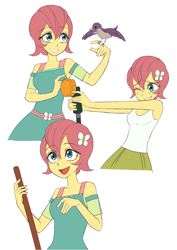 Size: 2894x4093 | Tagged: safe, artist:haibaratomoe, fluttershy, bird, equestria girls, g4, alternate hairstyle, broom, clothes, cute, dress, female, grin, gritted teeth, hose, one eye closed, open mouth, short hair, short hair fluttershy, shyabetes, simple background, skirt, smiling, solo, tank top, teeth, white background