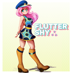 Size: 988x1000 | Tagged: safe, artist:the-park, fluttershy, human, g4, ancient wonderbolts uniform, bare shoulders, boots, breasts, busty fluttershy, clothes, female, gradient background, hat, humanized, patterned background, shoes, simple, sleeveless, solo, uniform
