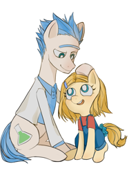 Size: 500x667 | Tagged: safe, artist:爆燃棉花糖, pony, beth smith, dungarees, father and child, father and daughter, female, filly, foal, hairclip, male, ponified, rick and morty, rick sanchez, simple background, stallion, white background, younger