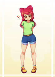 Size: 706x1000 | Tagged: safe, artist:the-park, apple bloom, human, equestria girls, g4, adorabloom, blush lines, blushing, cute, female, gradient background, looking at you, question mark, ribbon, smiling, smiling at you, solo, standing