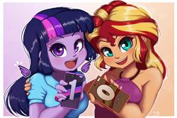 Size: 1508x1000 | Tagged: safe, artist:the-park, sunset shimmer, twilight sparkle, human, equestria girls, g4, anniversary art, bare shoulders, blush lines, blushing, cellphone, duo, female, floating wings, hand on shoulder, looking at you, open mouth, open smile, phone, sleeveless, smiling, wings