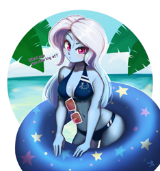 Size: 937x1000 | Tagged: safe, artist:the-park, trixie, human, equestria girls, g4, bare shoulders, belly button, bikini, blue bikini, blue swimsuit, blushing, breasts, busty trixie, cleavage, clothes, female, leaf, looking at you, ocean, outdoors, sleeveless, solo, sunglasses, swimsuit, talking to viewer, tube, water, wet