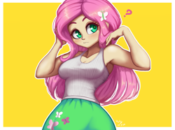Size: 1347x1000 | Tagged: safe, artist:the-park, fluttershy, human, equestria girls, g4, armpits, bare shoulders, breasts, busty fluttershy, clothes, female, simple background, sleeveless, solo, tank top