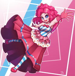 Size: 988x1000 | Tagged: safe, artist:the-park, pinkie pie, human, equestria girls, g4, abstract background, armpits, bare shoulders, clothes, dress, female, gala dress, gloves, hat, open mouth, open smile, sleeveless, smiling, solo