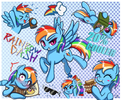 Size: 1222x1000 | Tagged: safe, artist:the-park, daring do, rainbow dash, pegasus, pony, g4, 20% cooler, ><, blush lines, blush sticker, blushing, body pillow, book, daring daki, daring do book, dashface, dashstorm, emanata, eyes closed, grin, multeity, open mouth, open smile, pasta and potato sandwich on sourdough, patterned background, pillow, smiling, so awesome, sunglasses