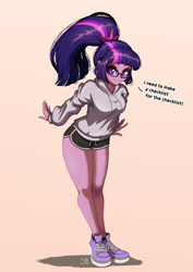 Size: 706x1000 | Tagged: safe, artist:the-park, sci-twi, twilight sparkle, human, equestria girls, g4, clothes, dialogue, female, glasses, gradient background, hoodie, leaning forward, ponytail, shoes, shorts, smiling, sneakers, solo