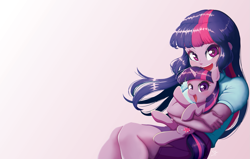 Size: 1571x1000 | Tagged: safe, artist:the-park, twilight sparkle, alicorn, human, pony, equestria girls, g4, cute, duo, female, gradient background, holding a pony, hugging a pony, human ponidox, open mouth, open smile, self paradox, self ponidox, smiling, starry eyes, twiabetes, twilight sparkle (alicorn), wingding eyes