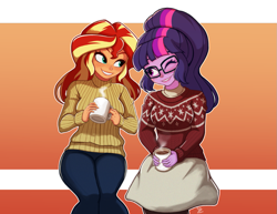 Size: 1035x800 | Tagged: safe, artist:the-park, sci-twi, sunset shimmer, twilight sparkle, human, equestria girls, g4, blush lines, blushing, chocolate, clothes, cute, duo, female, food, glasses, hot chocolate, lesbian, looking at each other, looking at someone, mug, one eye closed, ship:sci-twishimmer, ship:sunsetsparkle, shipping, smiling, smiling at each other, sweater, wink