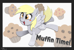 Size: 1475x1000 | Tagged: safe, artist:the-park, derpy hooves, pegasus, pony, g4, cute, derpabetes, food, muffin, open mouth, open smile, smiling, solo