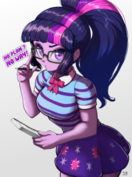 Size: 744x1000 | Tagged: safe, artist:the-park, sci-twi, twilight sparkle, human, equestria girls, g4, arms, blouse, bowtie, breasts, bust, busty sci-twi, clothes, eyebrows, female, fingers, glasses, gradient background, hand, holding, legs, long hair, looking at you, notepad, pen, ponytail, puffy sleeves, raised eyebrow, skirt, solo, teenager