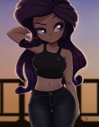 Size: 781x1000 | Tagged: safe, artist:the-park, rarity, human, equestria girls, g4, arm behind head, bare shoulders, belly button, breasts, busty rarity, clothes, denim, eyeshadow, female, jeans, makeup, midriff, pants, sleeveless, solo, sunset, tank top
