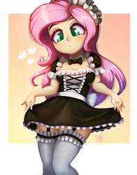 Size: 782x1000 | Tagged: safe, artist:the-park, fluttershy, human, equestria girls, g4, breasts, busty fluttershy, cleavage, clothes, female, fluttermaid, garter belt, maid, maid headdress, socks, solo, thigh highs, thigh socks, zettai ryouiki