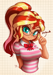 Size: 706x1000 | Tagged: safe, artist:the-park, sunset shimmer, human, equestria girls, g4, :3, alternate hairstyle, bow, bust, clothes, cute, female, glasses, looking at you, meganekko, nerd, ponytail, shimmerbetes, shirt, solo, striped shirt, sunspecs shimmer