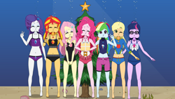 Size: 4096x2304 | Tagged: safe, artist:underwaterfanatic, applejack, fluttershy, pinkie pie, rainbow dash, rarity, sci-twi, sunset shimmer, twilight sparkle, human, equestria girls, g4, applejack's beach shorts swimsuit, beach shorts swimsuit, belly button, bikini, bubble, christmas, christmas tree, clothes, cute, eyes closed, female, fluttershy's beach shorts swimsuit, glasses, high res, holding breath, holiday, humane five, humane seven, humane six, kisekae, midriff, ocean, one eye closed, peace sign, present, puffy cheeks, rainbow dash's beach shorts swimsuit, rarity's beach shorts swimsuit, rarity's purple bikini, seabed, sunset shimmer's beach shorts swimsuit, swimsuit, tree, underwater, water, wink