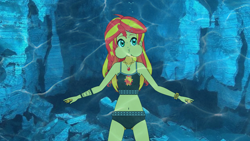 Size: 3200x1800 | Tagged: safe, artist:underwaterfanatic, sunset shimmer, human, equestria girls, g4, beach shorts swimsuit, belly button, bikini, bubble, cave, clothes, cute, female, flowing mane, freediving, holding breath, kisekae, midriff, ocean, puffy cheeks, sunset shimmer's beach shorts swimsuit, swimming, swimsuit, underwater, water