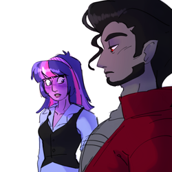 Size: 2000x2000 | Tagged: safe, artist:starsbursts, king sombra, twilight sparkle, equestria girls, g4, alternate hairstyle, beard, blushing, clothes, duo, duo male and female, equestria girls-ified, facial hair, female, girl staring at guy's chest, gritted teeth, hairband, jacket, leather, leather jacket, lip bite, male, meme, ship:twibra, shipping, shirt, simple background, straight, teeth, vest, white background