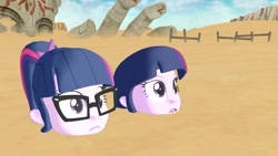 Size: 1280x720 | Tagged: safe, artist:masrendra, sci-twi, twilight sparkle, equestria girls, g4, 3d, cliff, fence, glasses, mmd, quicksand, sand, sinking, sky, statue, stuck, twolight