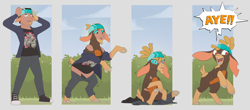 Size: 7299x3208 | Tagged: safe, artist:fauvfox, shanty (tfh), goat, human, them's fightin' herds, bandana, community related, dialogue, human to goat, human to goatani, male to female, rule 63, speech bubble, transformation, transformation sequence, transgender transformation