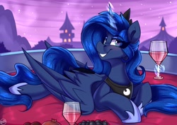 Size: 5500x3900 | Tagged: safe, artist:shadowreindeer, princess luna, alicorn, pony, g4, alcohol, blushing, crown, cute, female, folded wings, glass, grin, hoof shoes, jewelry, levitation, looking at you, lying down, magic, mare, night, night sky, peytral, prone, regalia, remake, signature, sky, smiling, solo, telekinesis, tiara, wine, wine glass, wings