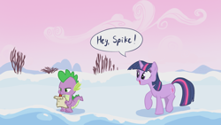Size: 2813x1586 | Tagged: safe, artist:ciborgen, spike, twilight sparkle, dragon, pony, unicorn, g4, female, hey spike, mare, open mouth, open smile, quill, raised hoof, scroll, smiling, snow, speech bubble, standing, talking, unicorn twilight, writing