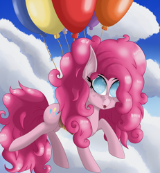 Size: 3740x4040 | Tagged: safe, artist:krymak, pinkie pie, earth pony, pony, g4, :p, balloon, cloud, concave belly, floating, freckles, solo, then watch her balloons lift her up to the sky, tongue out