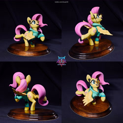 Size: 6000x6000 | Tagged: safe, artist:shuxer59, fluttershy, butterfly, earth pony, pegasus, g4, absurd resolution, butterfly on nose, clothes, craft, cute, female, figurine, headphones, hoodie, insect on nose, mare, open mouth, open smile, photo, shyabetes, smiling, solo, standing on two hooves, walkman