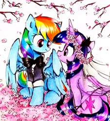 Size: 2681x2968 | Tagged: safe, artist:liaaqila, rainbow dash, twilight sparkle, alicorn, pegasus, pony, g4, cherry blossoms, clothes, duo, duo female, eye contact, female, floral head wreath, flower, flower blossom, folded wings, high res, horn, lesbian, looking at each other, looking at someone, mare, marriage, partially open wings, ship:twidash, shipping, signature, sitting, smiling, smiling at each other, suit, traditional art, tuxedo, twilight sparkle (alicorn), wedding, wings