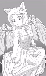 Size: 2521x4096 | Tagged: safe, artist:symbianl, fluttershy, human, g4, artificial wings, augmented, breasts, busty fluttershy, clothes, dress, eared humanization, female, gray background, grayscale, high res, humanized, mechanical wing, monochrome, simple background, solo, wings