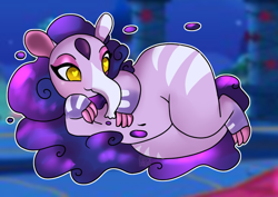 Size: 620x438 | Tagged: safe, artist:anykoe, nidra (tfh), tapir, them's fightin' herds, cloven hooves, community related, eyeshadow, heart, heart eyes, lying, makeup, purple hair, solo, stripes, thighs, thunder thighs, video game, wingding eyes