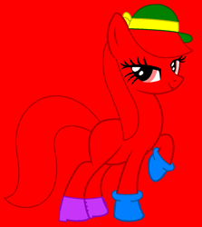 Size: 979x1099 | Tagged: safe, artist:anitapadillax3, artist:spitfirethepegasusfan39, earth pony, pony, g4, adult blank flank, base used, blank flank, clothes, female, gloves, grin, hat, holy fucking shit the red, lidded eyes, little miss, little miss scatterbrain, mare, mr. men, mr. men little miss, ponified, red background, ribbon, scatterbrain, shoes, simple background, smiling, solo