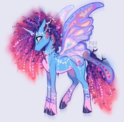 Size: 2156x2133 | Tagged: safe, artist:peachmichea, misty brightdawn, alicorn, pony, g5, alicornified, beautiful, bracelet, butterfly wings, coat markings, concave belly, eyeshadow, female, gradient horn, gray background, high res, hooves, horn, horn markings, jewelry, makeup, mare, mistycorn, pale belly, race swap, raised leg, rebirth misty, simple background, slender, socks (coat markings), solo, spread wings, thin, unshorn fetlocks, wings