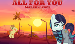 Size: 2064x1204 | Tagged: safe, artist:jhayarr23, artist:kuren247, coloratura, feather bangs, earth pony, g4, 2024, cloud, colorabangs, female, janet jackson, lyrics in the description, male, march, mare, ocean, pose, shipping, smiling, song in the description, song reference, stallion, straight, sun, sunrise, sunset, water, youtube link in the description