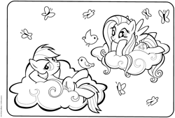 Size: 3011x2033 | Tagged: safe, fluttershy, rainbow dash, bird, butterfly, pegasus, pony, g4, official, black and white, butt, cloud, coloring book, coloring page, crayola, duo, duo female, female, folded wings, grayscale, hooves behind head, looking away, lying down, lying on a cloud, mare, monochrome, on a cloud, on back, smiling, spread wings, stock vector, wings