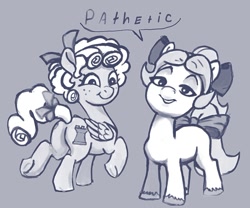 Size: 900x747 | Tagged: safe, artist:ponsce, cozy glow, posey bloom, earth pony, pegasus, pony, g4, g5, duo, duo female, female, filly, foal, g4 to g5, generation leap, monochrome