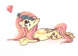 Size: 1280x926 | Tagged: safe, artist:ferafel, fluttershy, pegasus, pony, g4, 2014, female, floral head wreath, flower, heart, lying down, mare, prone, simple background, smiling, solo, white background