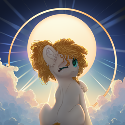 Size: 3500x3500 | Tagged: safe, artist:medkit, pear butter, earth pony, pony, g4, back, backlighting, beige coat, blue sky, cloud, colored eyebrows, colored eyelashes, colored hooves, colored lineart, colored pupils, complex background, curly mane, ear cleavage, ear fluff, ears up, eye clipping through hair, eyebrows, eyebrows visible through hair, eyelashes, facial markings, female, filly, foal, freckles, full body, golden, hairstyle, heart shaped, heaven, high res, hoof fluff, horseshoes, leg fluff, lightly watermarked, looking at you, looking back, looking back at you, one eye closed, one eye open, orange mane, ponytail, rear view, scrunchie, shading, shoulder fluff, signature, sitting, sky, smiling, smiling at you, solo, speedpaint, speedpaint available, spine, sternocleidomastoid, sun, tail, turquoise eyes, wall of tags, watermark, wavy mane, wink, winking at you, young, young pear butter