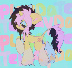 Size: 2048x1938 | Tagged: safe, artist:deadgirl-tv, oc, oc only, oc:playdate, pony, unicorn, artist, bandaid, beanbrows, big ears, blue background, blue eyes, blushing, coat markings, colored pinnae, concave belly, emo, eyebrows, eyebrows visible through hair, eyelashes, eyeshadow, fangs, frown, hoof heart, horn, leg fluff, leonine tail, lidded eyes, makeup, messy mane, messy tail, profile, rainbow text, raised hoof, simple background, socks (coat markings), solo, standing, tail, thin, two toned mane, two toned tail, underhoof, unicorn horn, unicorn oc, wingding eyes, yellow coat