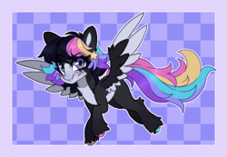 Size: 2176x1506 | Tagged: safe, artist:_spacemonkeyz_, oc, oc:star cluster, pegasus, pony, abstract background, countershading, female, flying, hooves, mare, solo, spread wings, unshorn fetlocks, wings