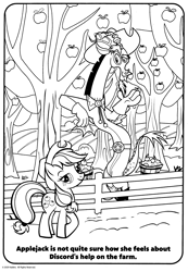Size: 2099x3031 | Tagged: safe, applejack, discord, draconequus, earth pony, pony, g4, official, apple, apple tree, belt, belt buckle, black and white, bolo tie, button-up shirt, clothes, coloring book, coloring page, cowboy, cowboy hat, denim, duo, female, fence, food, gloves, grayscale, hat, jeans, looking at you, male, mare, monochrome, pants, raised hand, shirt, stock vector, sweet apple acres, this will end in chaos, tree