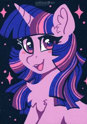 Size: 2924x4126 | Tagged: safe, artist:dandy, twilight sparkle, pony, unicorn, g4, acrylic painting, alternate hairstyle, blushing, chest fluff, ear fluff, female, high res, horn, limited palette, looking at you, mare, open mouth, open smile, smiling, solo, traditional art, unicorn twilight