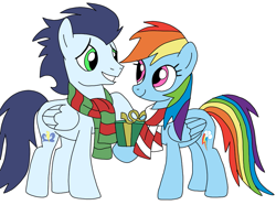 Size: 969x720 | Tagged: safe, artist:dasher666, rainbow dash, soarin', pegasus, pony, g4, clothes, female, male, mare, present, scarf, ship:soarindash, shipping, simple background, stallion, straight, striped scarf, white background