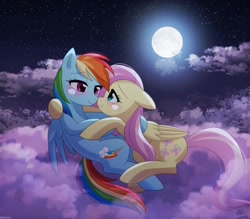 Size: 1200x1050 | Tagged: safe, artist:riouku, fluttershy, rainbow dash, pegasus, pony, g4, 2d, backwards cutie mark, bedroom eyes, blushing, cloud, commission, female, full moon, lesbian, looking into each others eyes, moon, night, night sky, ship:flutterdash, shipping, sky, stars, wings