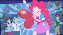 Size: 1065x599 | Tagged: safe, curly winds, pinkie pie, some blue guy, velvet sky, hippogriff, equestria girls, g4, background human, balloon, blowing up balloons, boots, clothes, equestria girls app, female, game screencap, heart, heart balloon, inflating, jacket, male, shirt, shoes, skirt, vest