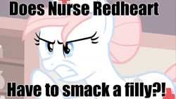 Size: 1280x720 | Tagged: safe, edit, edited screencap, screencap, nurse redheart, pony, g4, babycakes, caption, female, image macro, meme, solo, text