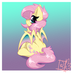 Size: 2000x2000 | Tagged: safe, artist:jubyskylines, fluttershy, bat pony, pony, g4, bat ponified, cute, female, flutterbat, gradient background, looking back, mare, race swap, shyabates, shyabetes, sitting, smiling, solo